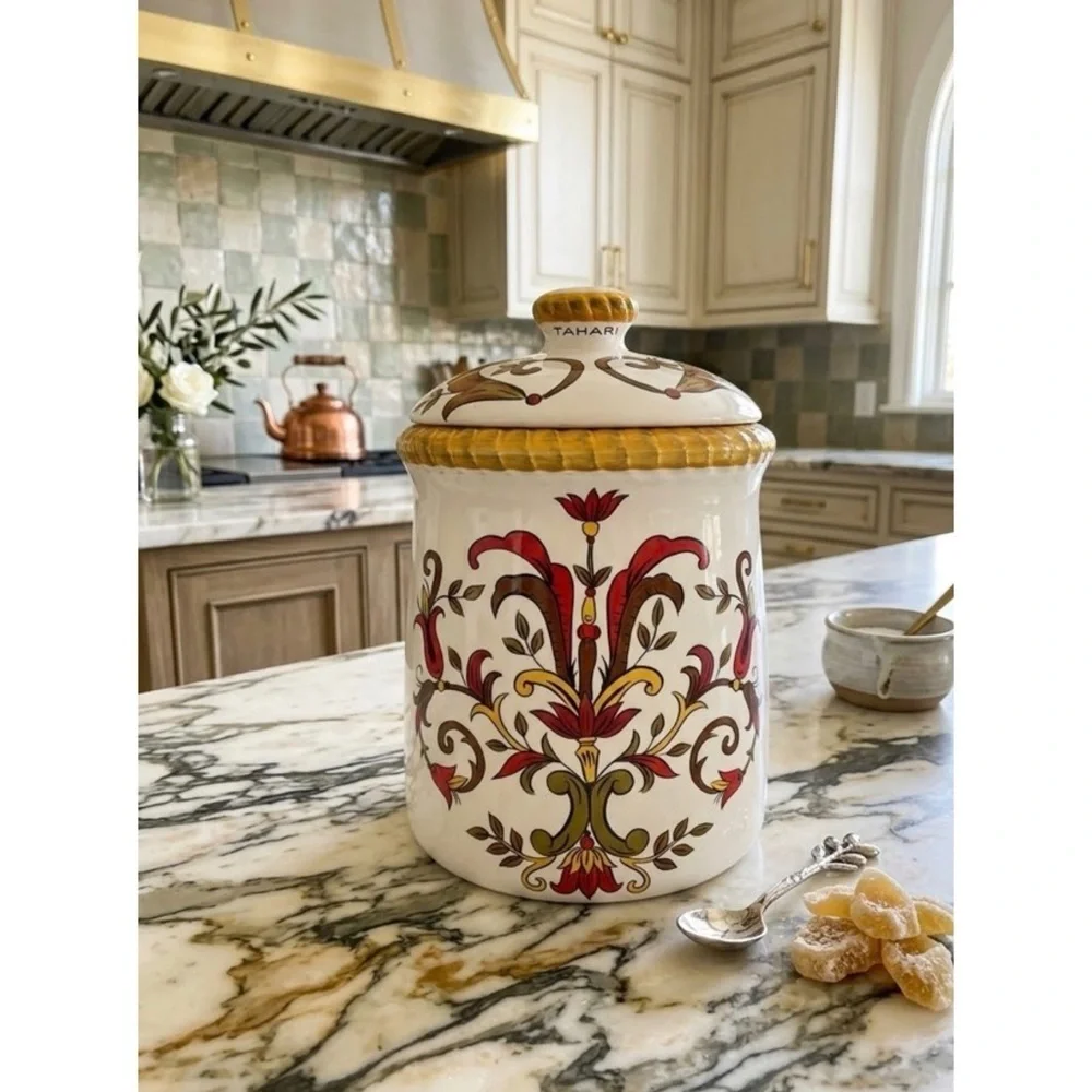 Pier 1 Earthenware Oralia Mediterranean Floral Discontinued Ceramic 11”Canister